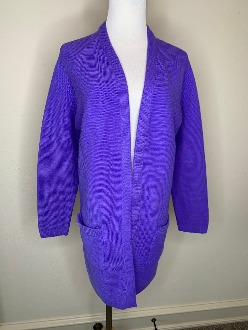 Vintage 70s Purple Cardigan Open Front Pockets Retro Bright Classic ? Medium